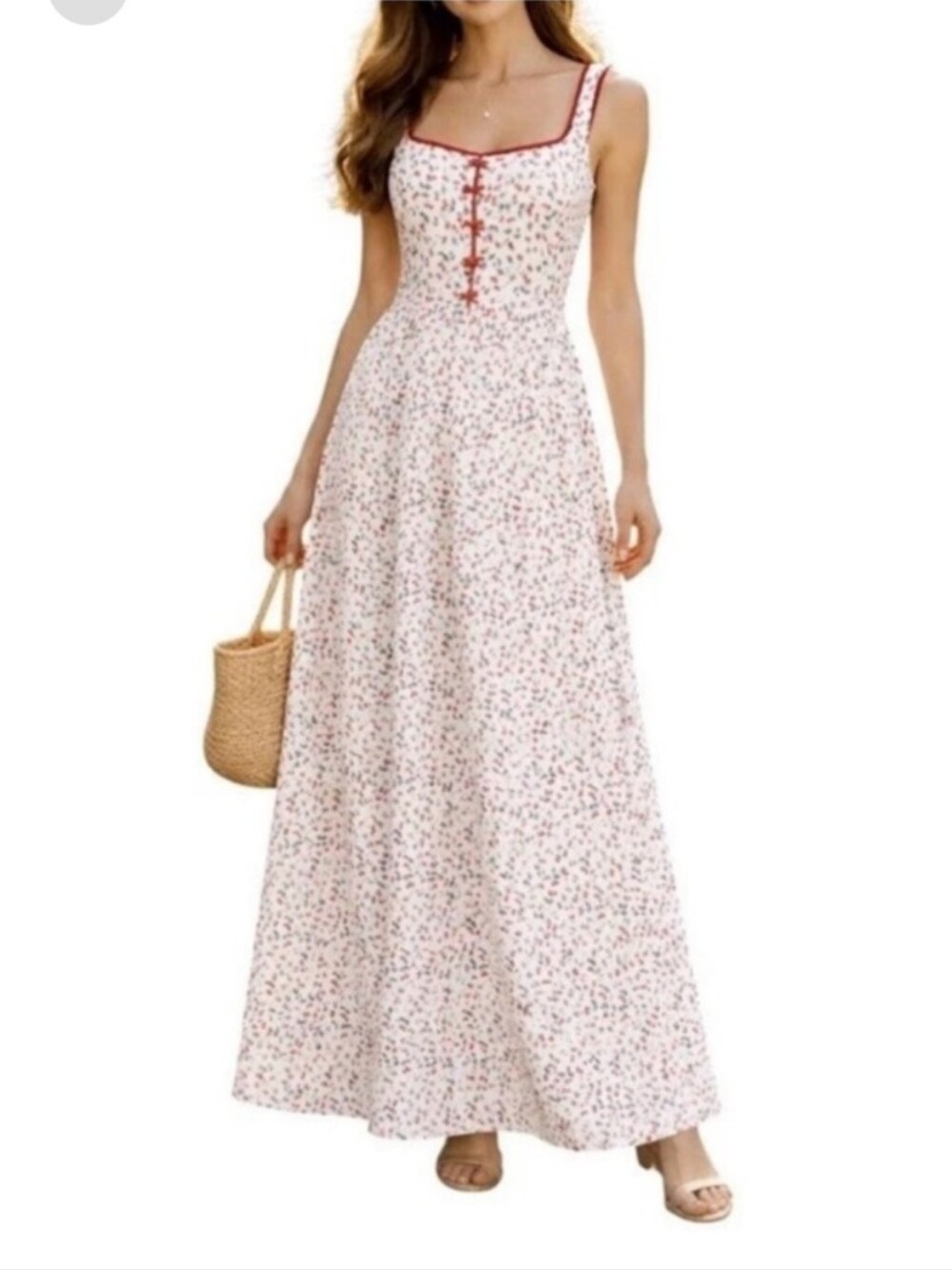 0816 NWT Caroline Constas Sleeveless Linen Blend Maxi Long Dress Red Cherries 🍒